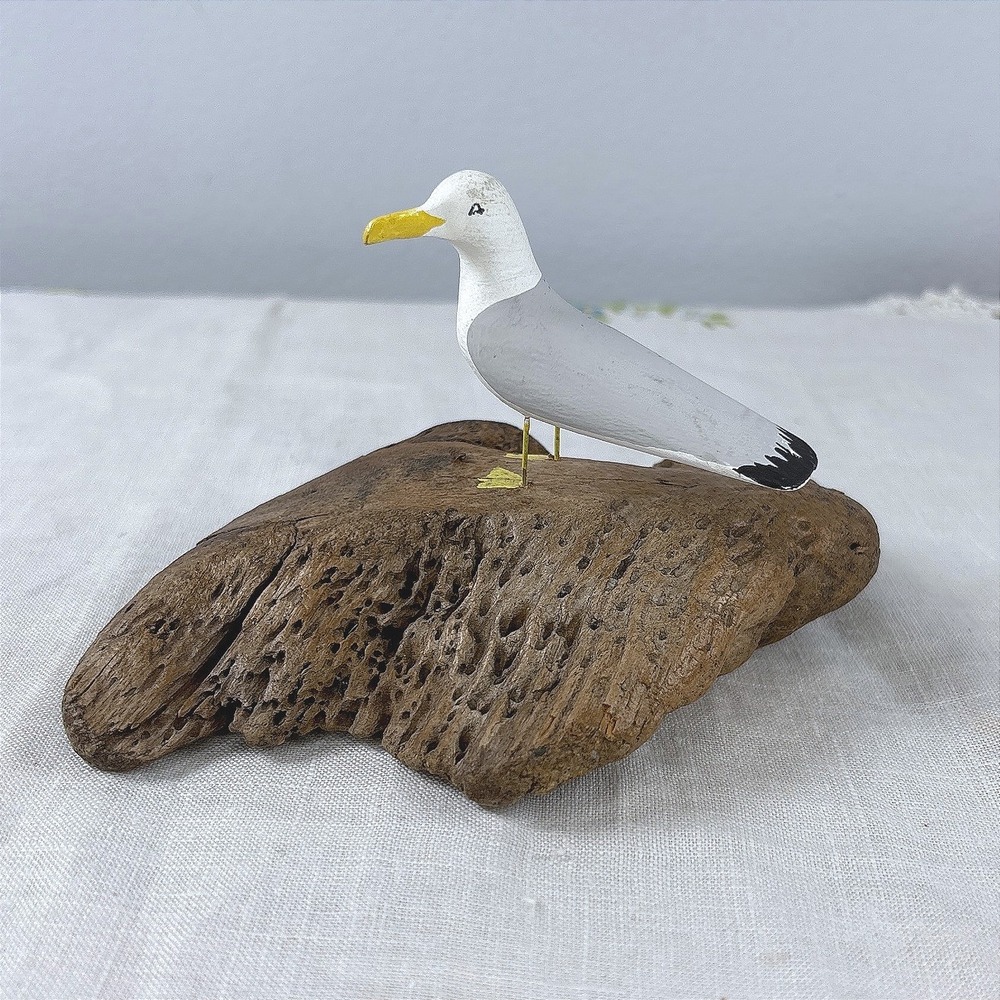 Handmade Wooden Seagull on Driftwood Base Nautical Coastal Decor Bird Figurine